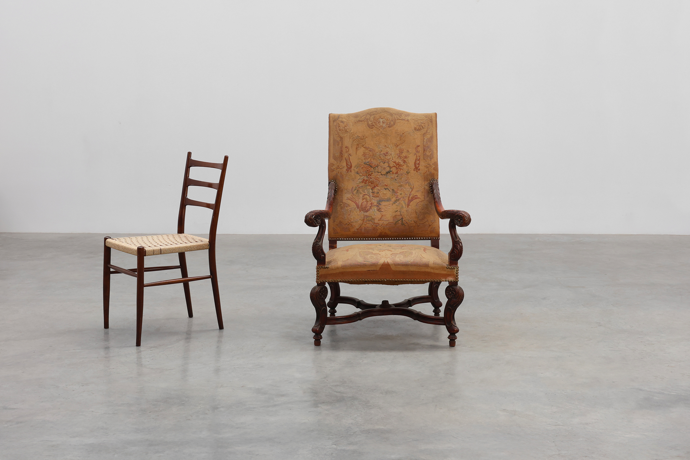Carved Walnut Armchair with Scrolling and Tapestry Upholstery, France, circa 1800thumbnail